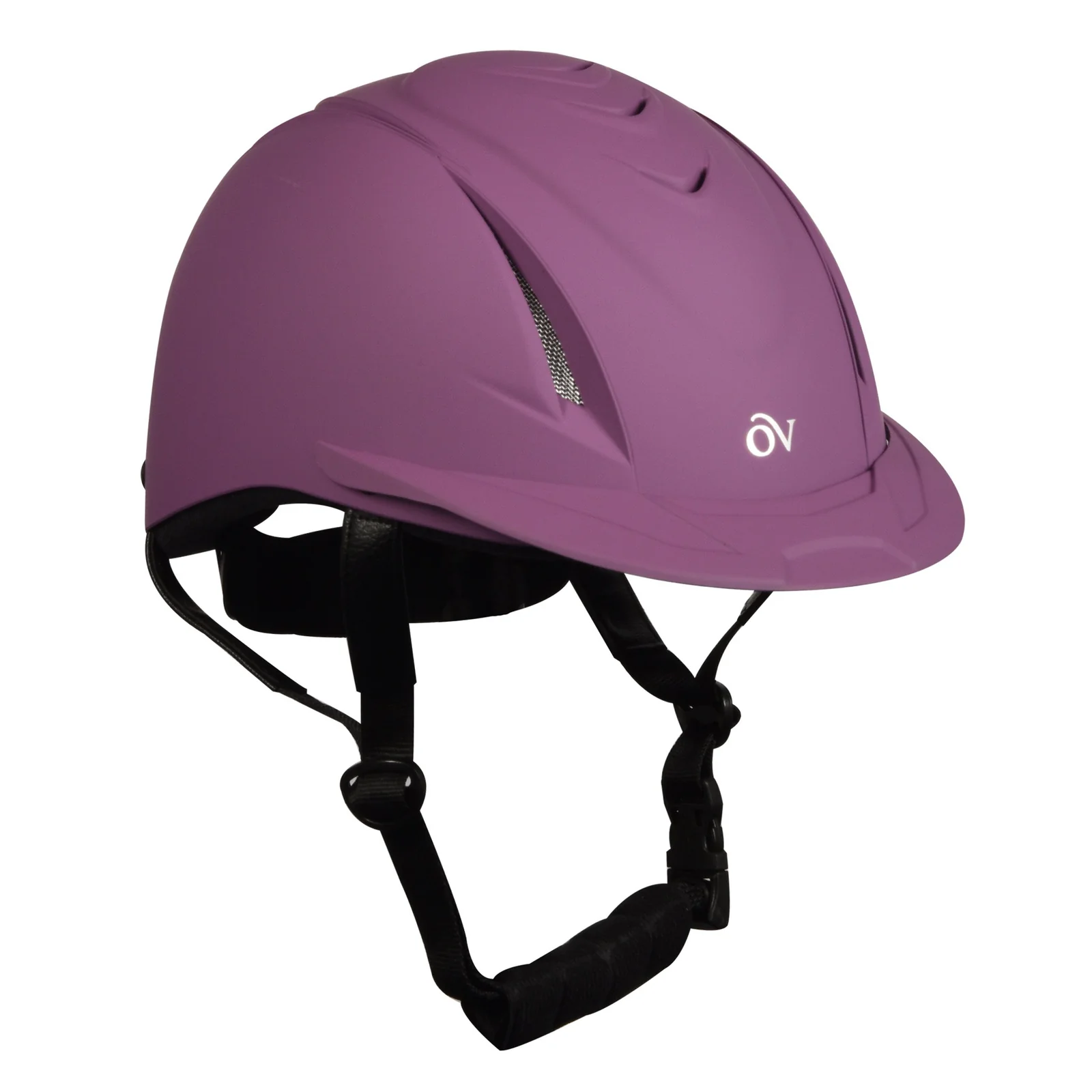 Purple helmet with black straps on a white background
