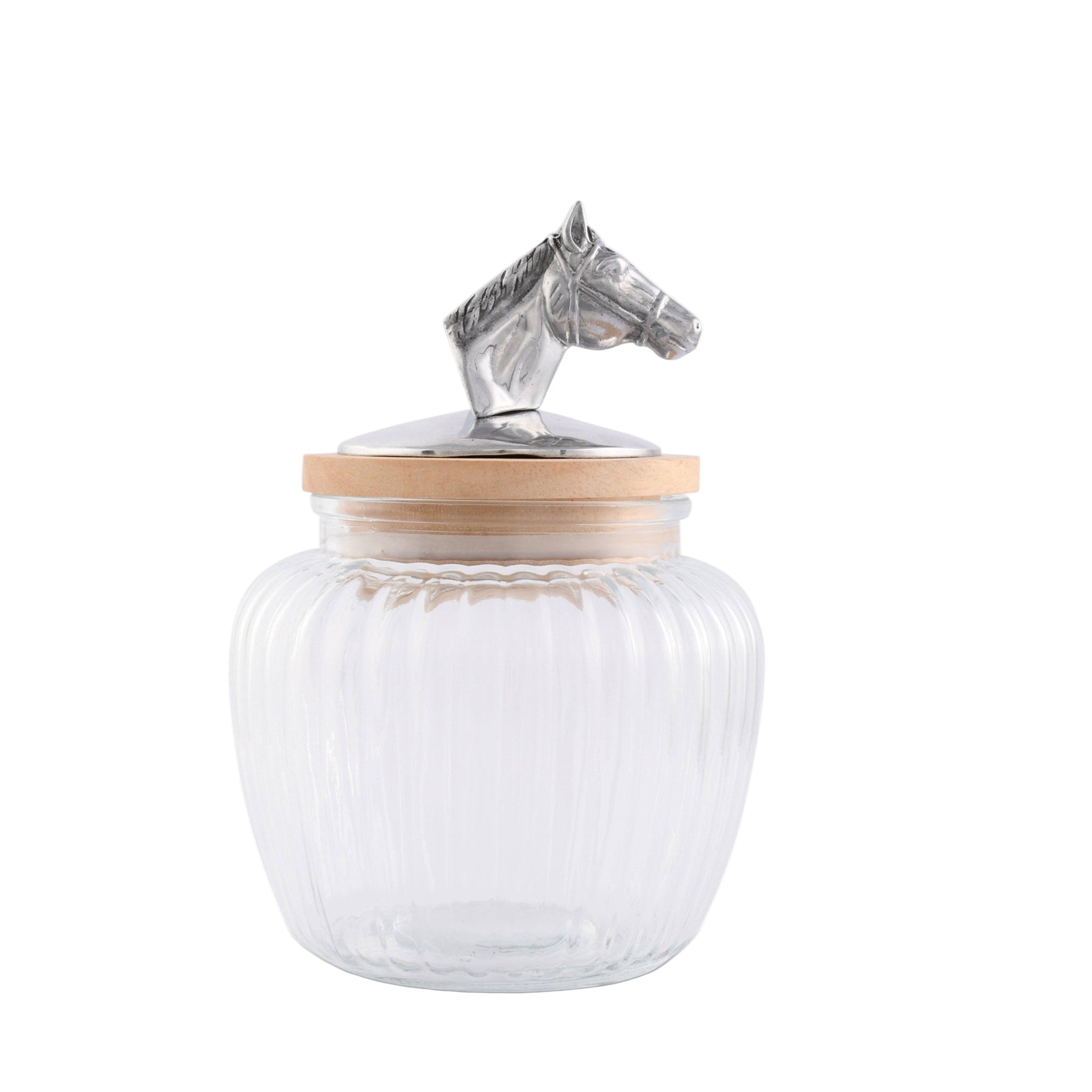Glass jar with a horse head lid on a white background
