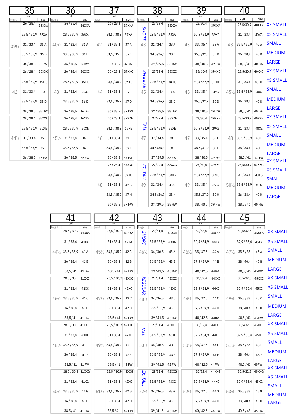 TUCCI SIZE CHART