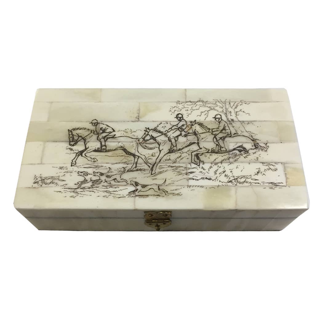 Fox Hunting Engraved Scrimshaw Bone Box