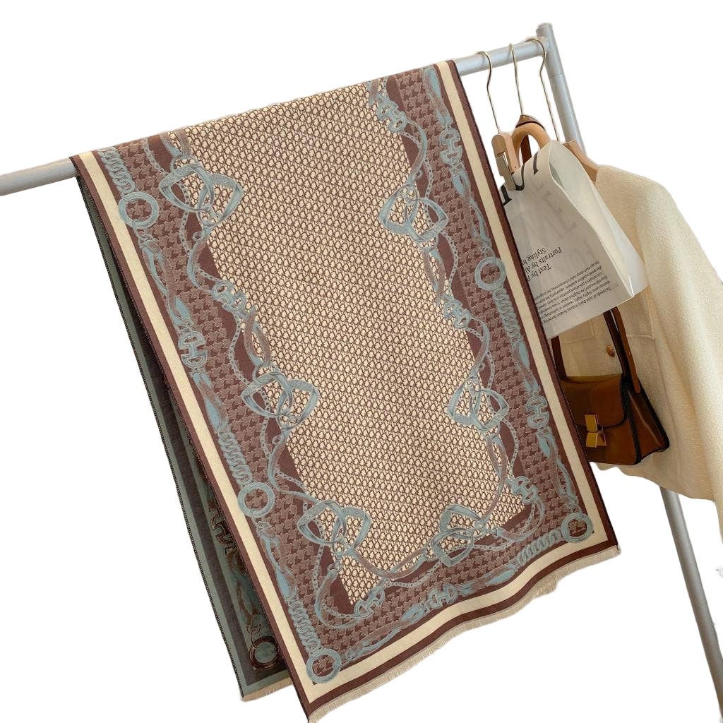 Equestrian Blue/Beige Stirrup Reversible Wrap– Artisan Shawl