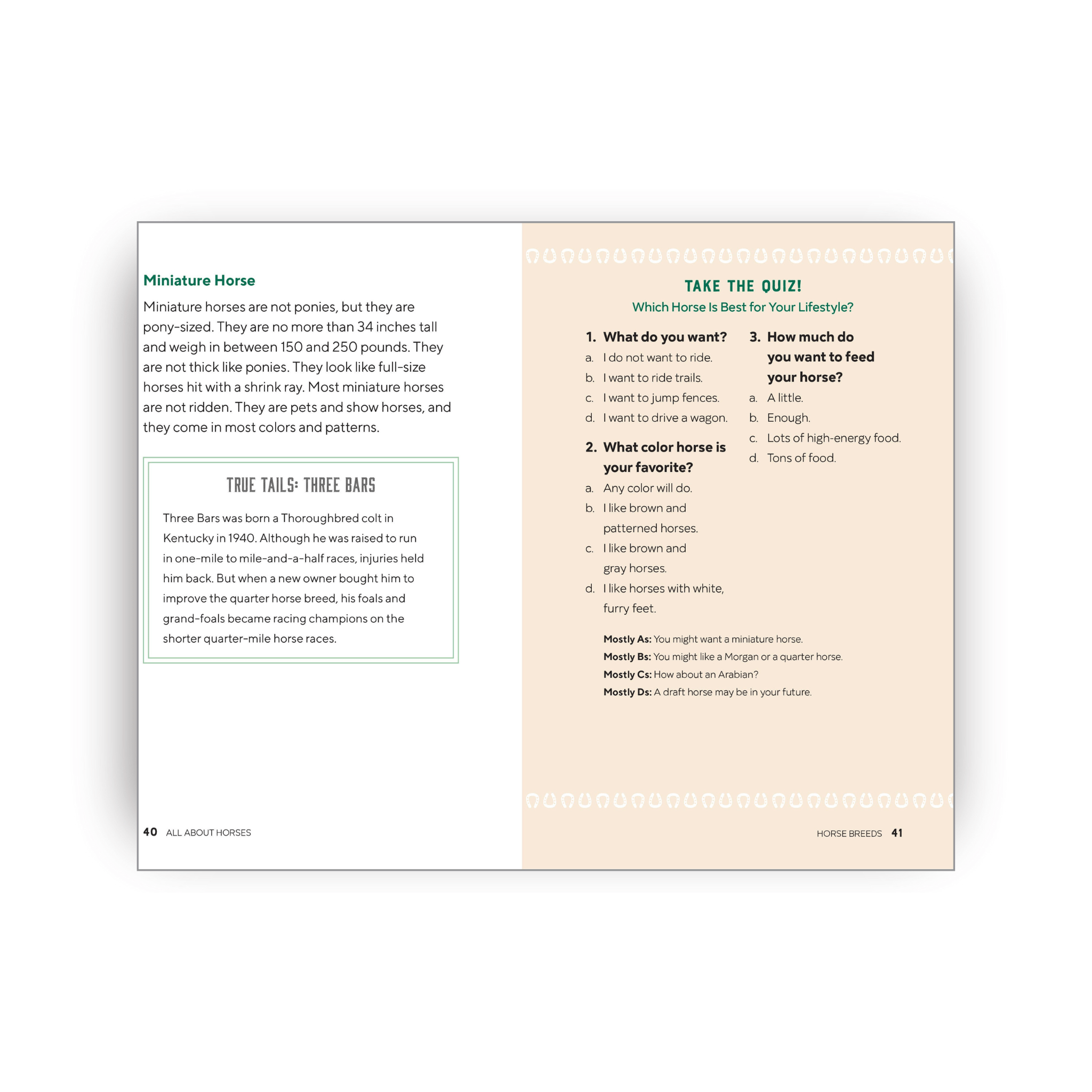 Book page with horse-related text and a quiz on a light beige background