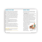 Educational page about horses on a farm with text and illustrations.