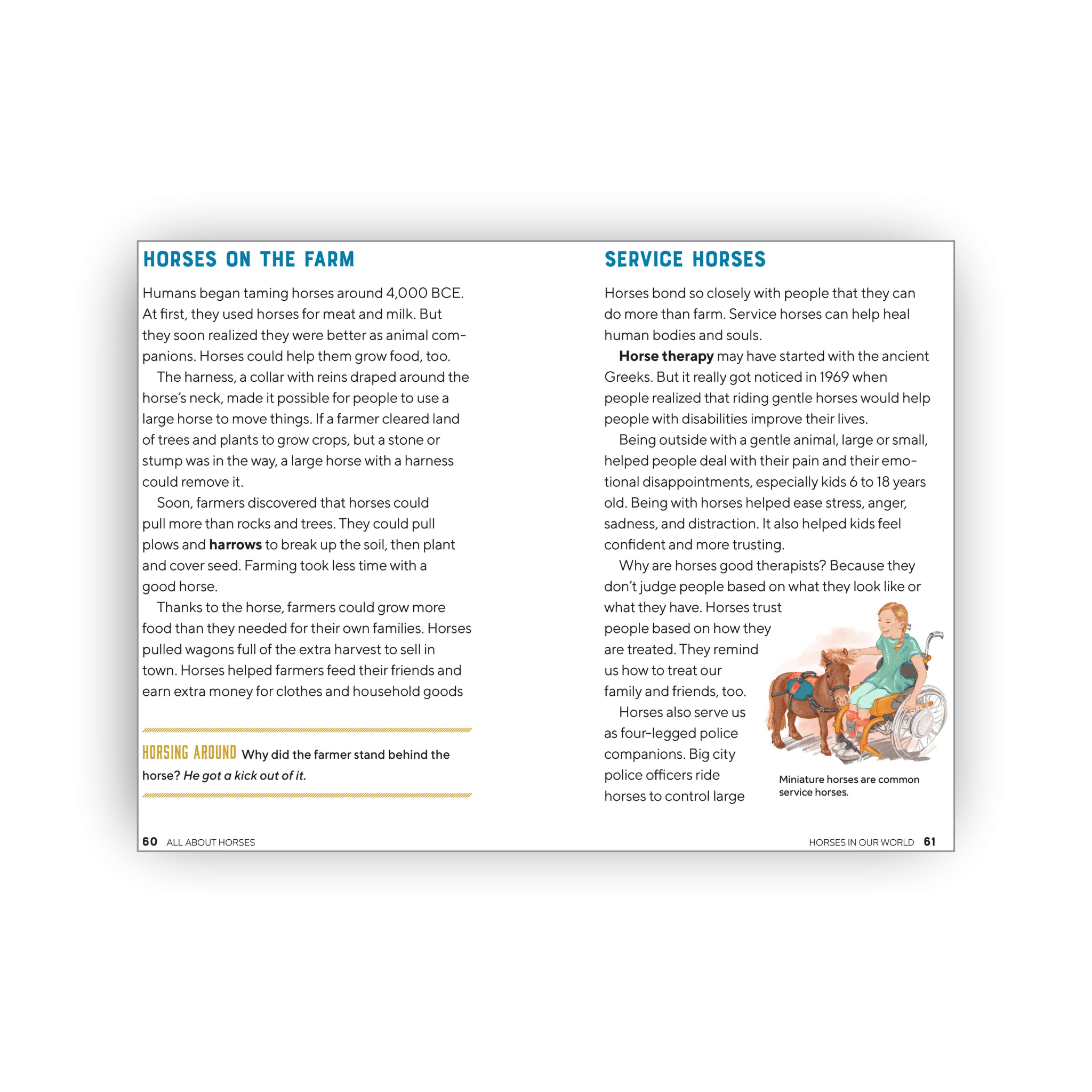 Educational page about horses on a farm with text and illustrations.