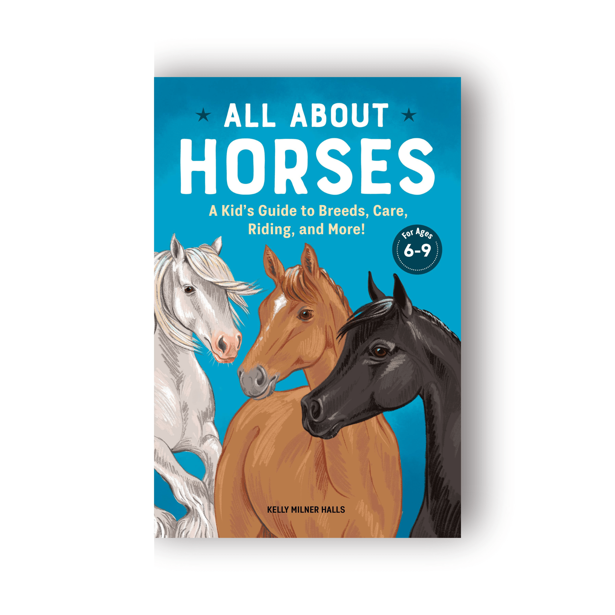 Book cover of 'All About Horses' with illustrations of three horses on a blue background.
