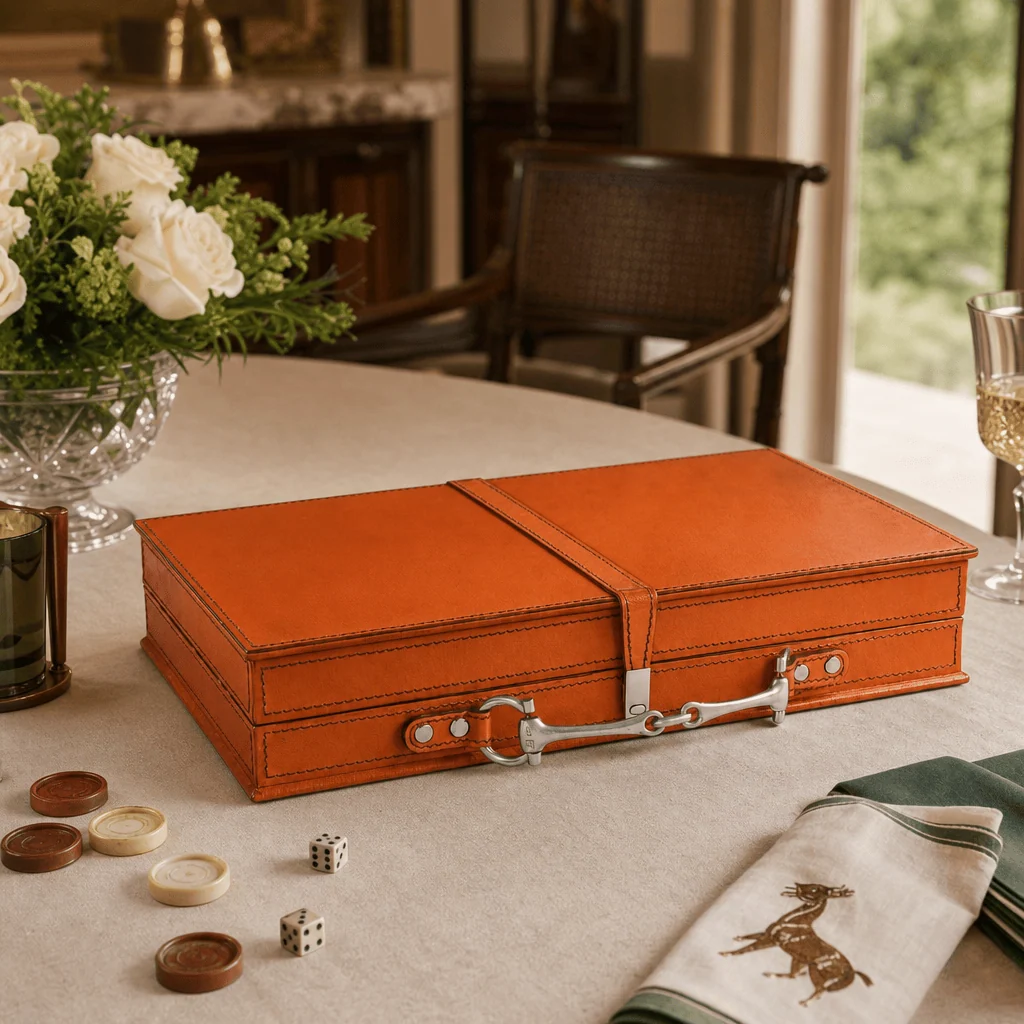 An orange-brown leather checkers box with silver metal hardware sits on a beige tablecloth in a dining room setting, surrounded by checkers, dice, a folded napkin with a horse embroidery, and a glass of white wine.