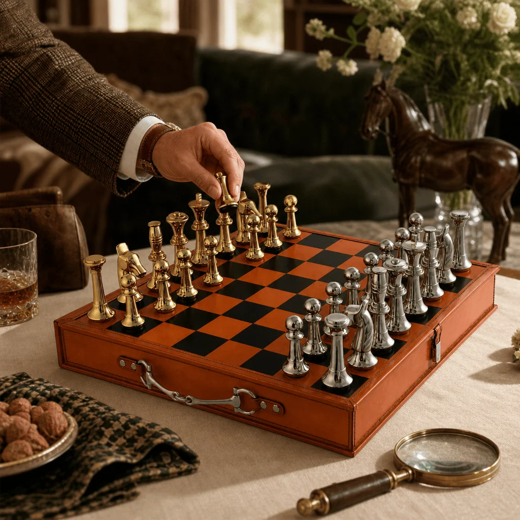 A wooden chessboard with a warm orange-brown finish, black and orange checkered squares, and mixed gold and silver chess pieces. A person's hand is placing a gold piece on the board in a cozy, warmly lit living room setting.
