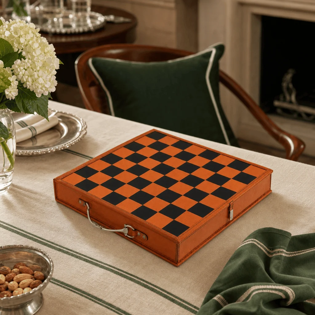 A square orange and black checkered game box or tray with a metal handle, placed on a beige tablecloth in a styled indoor setting with a chair, flowers, and a bowl of nuts nearby.