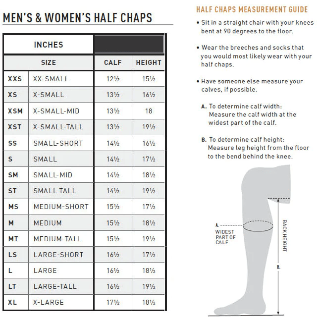 ariat half chap size chart