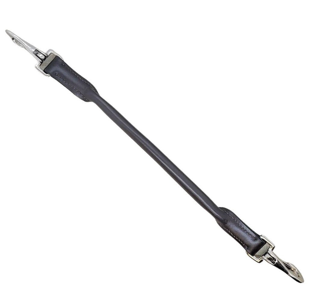 A black leather strap with silver metal hardware, including a snap hook on one end and a buckle on the other, shown against a plain white background.