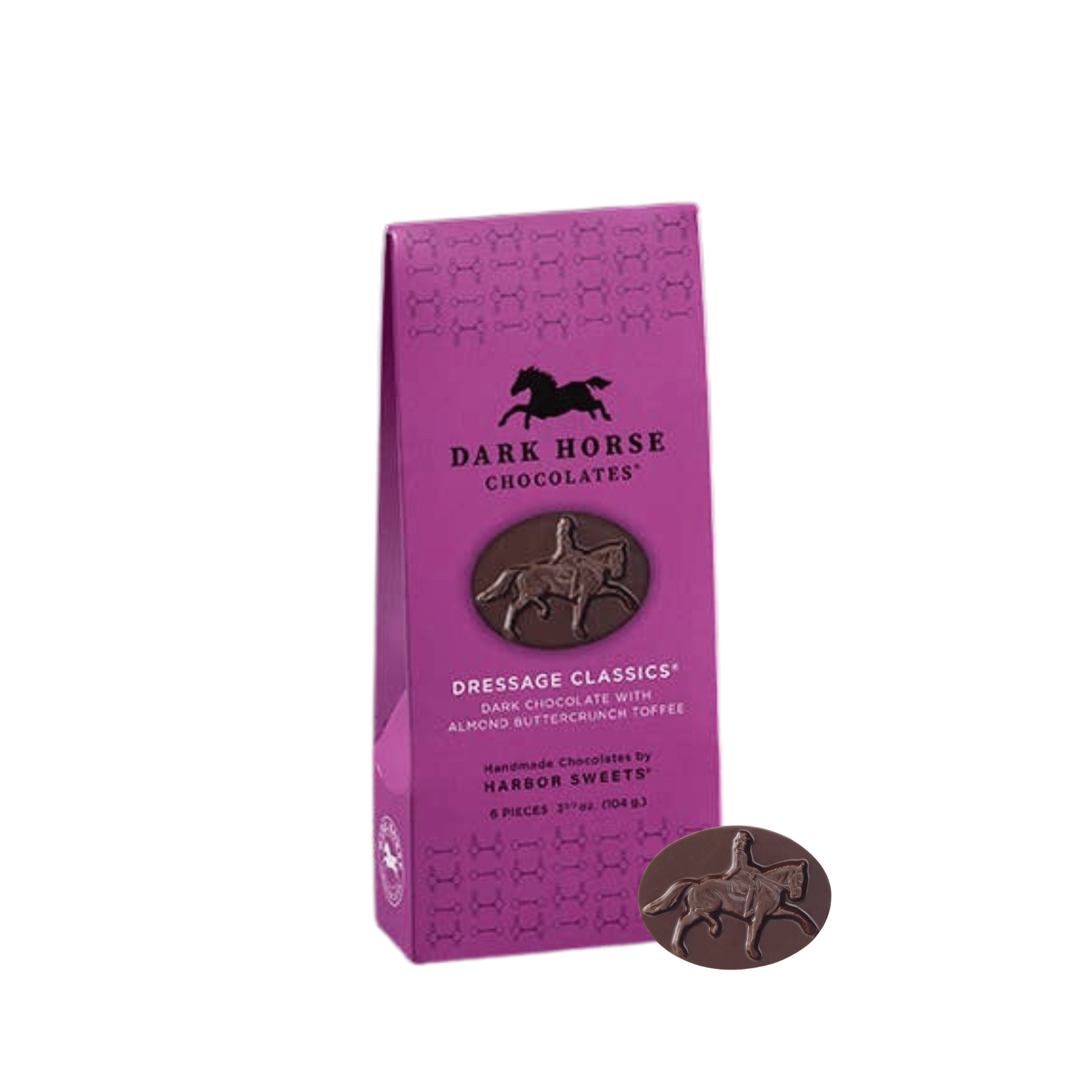 Purple packaging of Dark Horse Chocolates with a horse emblem on a white background