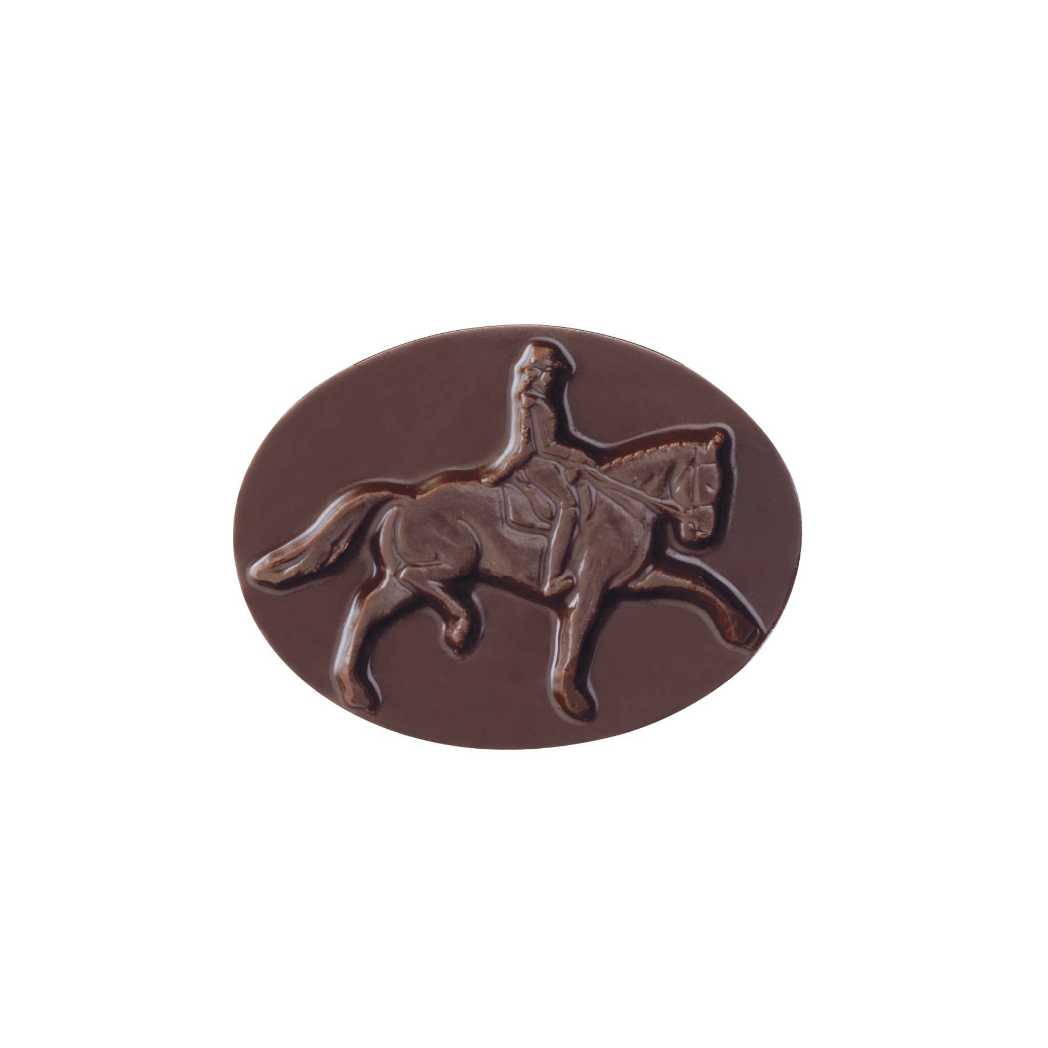 Bronze-colored metal badge with a horse and rider design on a white background