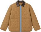 A tan quilted jacket with dark brown leather-look collar, a light blue zipper, and two front patch pockets, shown flat against a light beige background.