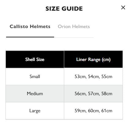 Callisto Size Guide