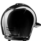 A glossy black motorcycle helmet shown from a rear three-quarter angle against a plain white background.