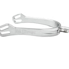 A silver equestrian spur with the brand name 'Tech Stirrups' engraved on the side, shown against a white background.