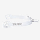 Silver riding spurs shown on a plain white background.