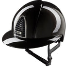 A glossy black equestrian riding helmet with a chin strap, featuring a silver-trimmed vent on the front with a visible KEP logo, set against a plain white background.