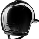 A glossy black full-face helmet shown from a rear three-quarter angle on a white background.