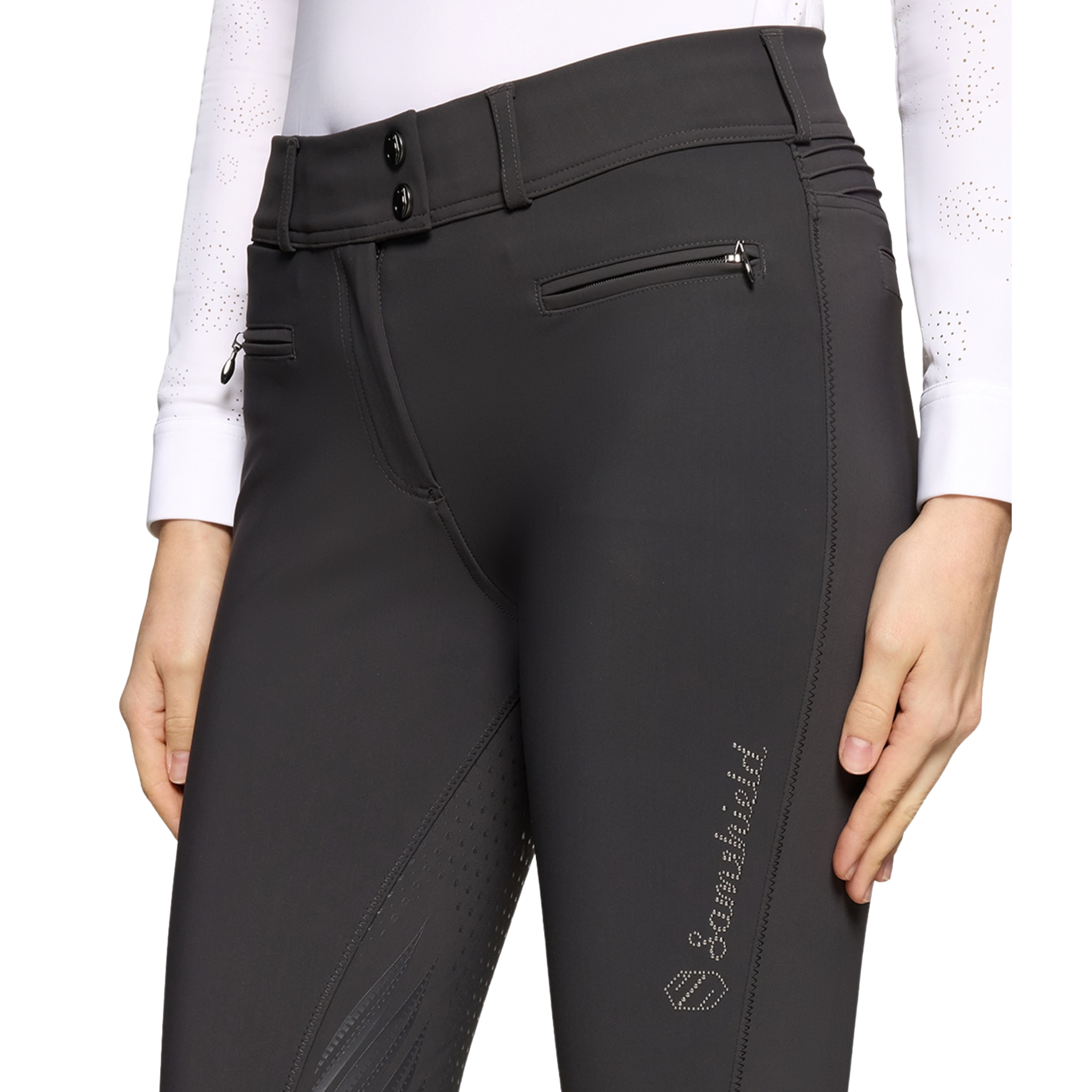 grey breech with metal dot detail logo