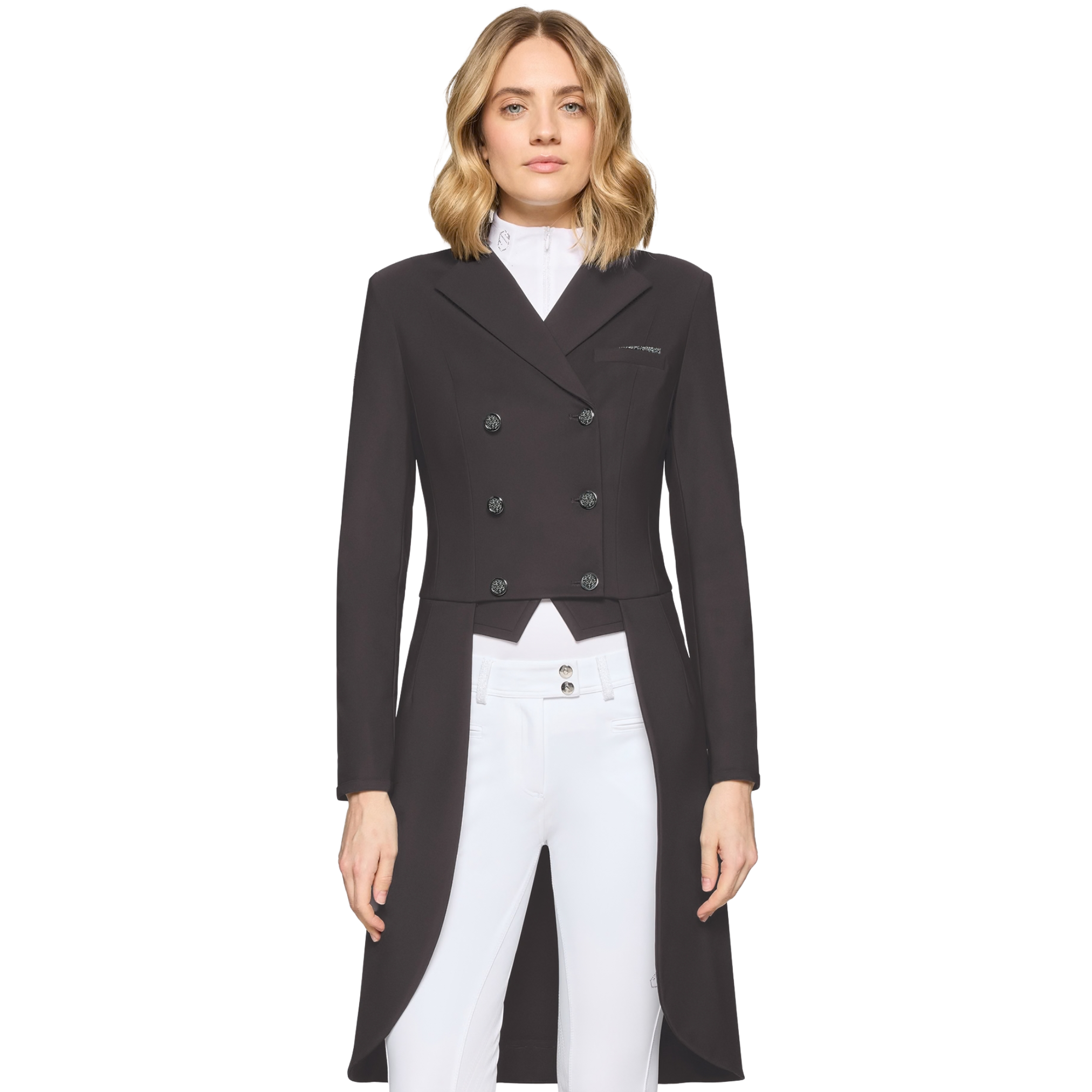 Woman wearing a black equestrian jacket and white pants on a white background