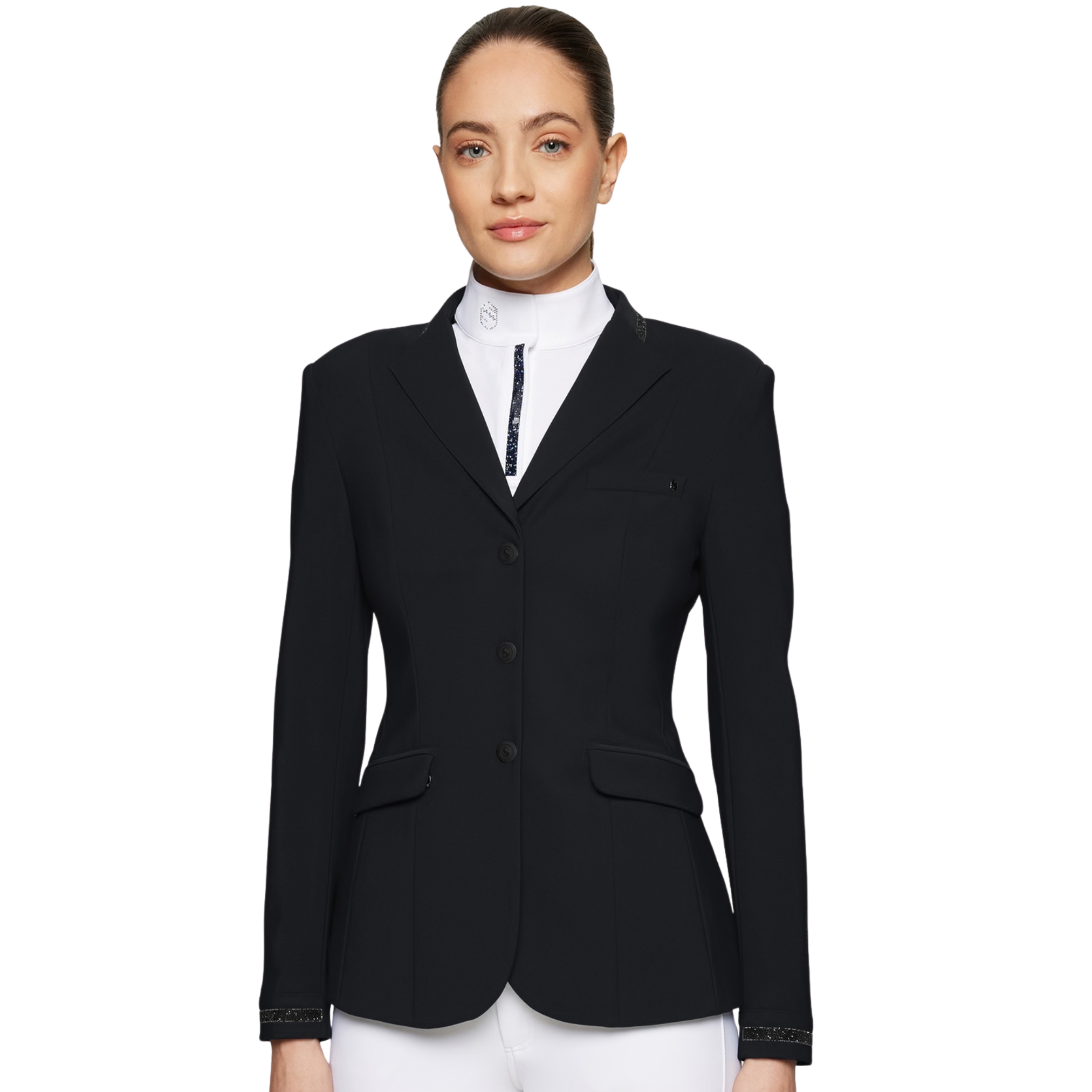 Woman wearing a black blazer over a white shirt on a white background
