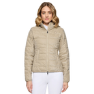 Woman wearing a beige quilted jacket on a white background