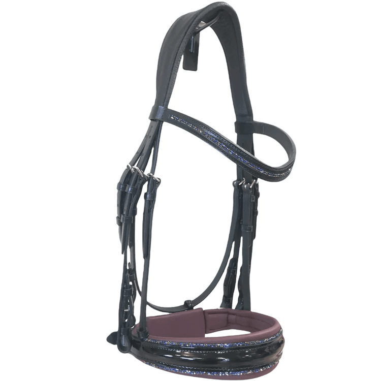 Horse bridle with padding and decorative elements against white background.