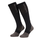 Black knee-high socks with gray accents and  branding on a white background