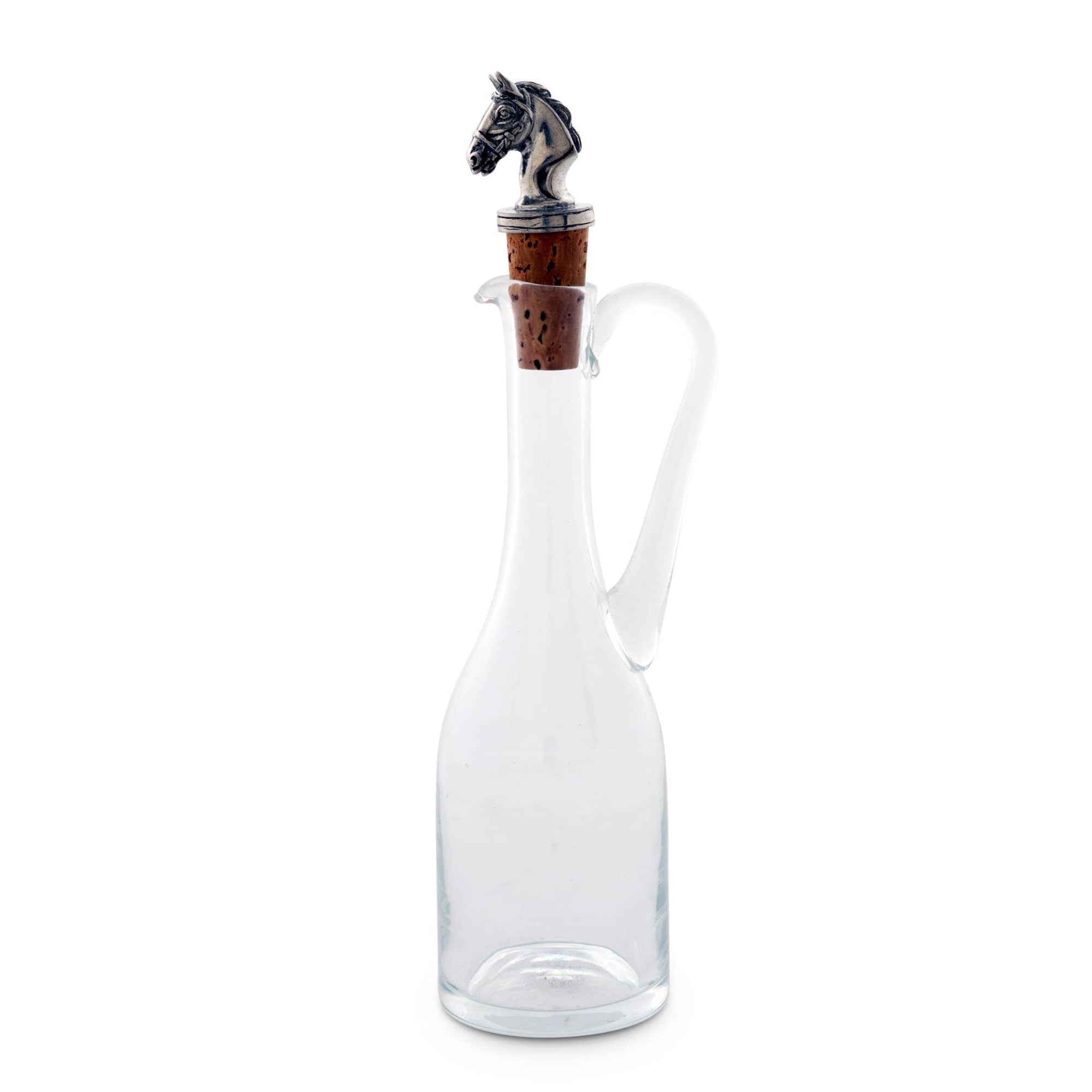 Clear glass bottle with cork stopper featuring a horse head design on a white background