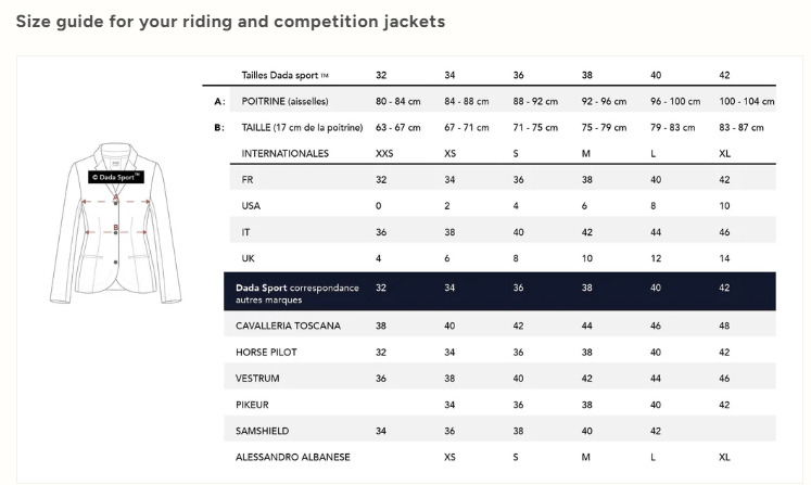 DADA Size chart show jacket