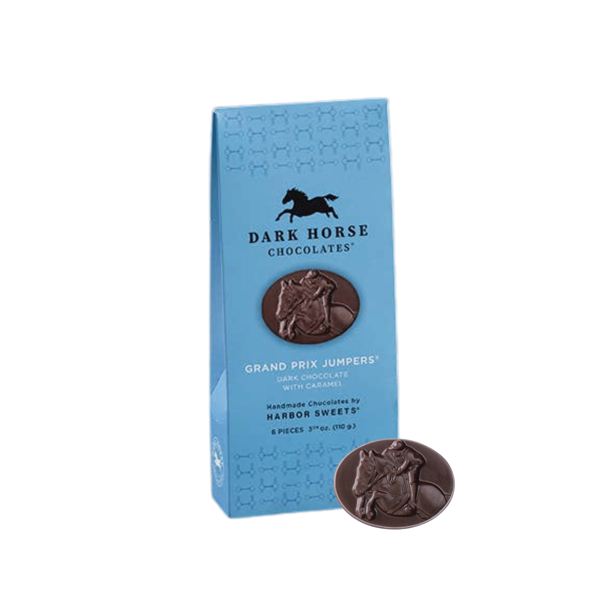 Dark Horse Chocolates Grand Prix Jumpers packaging with a chocolate piece on a white background