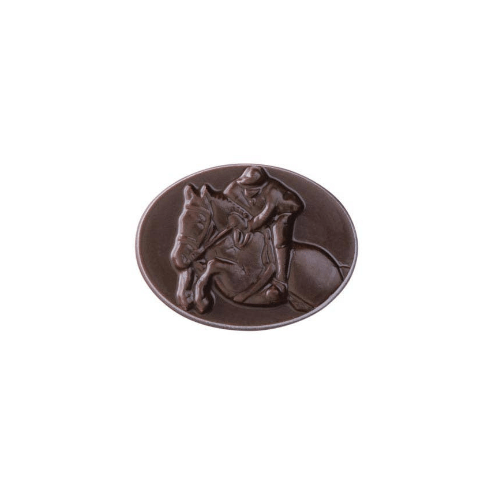 Bronze belt buckle with a horse and rider design on a white background