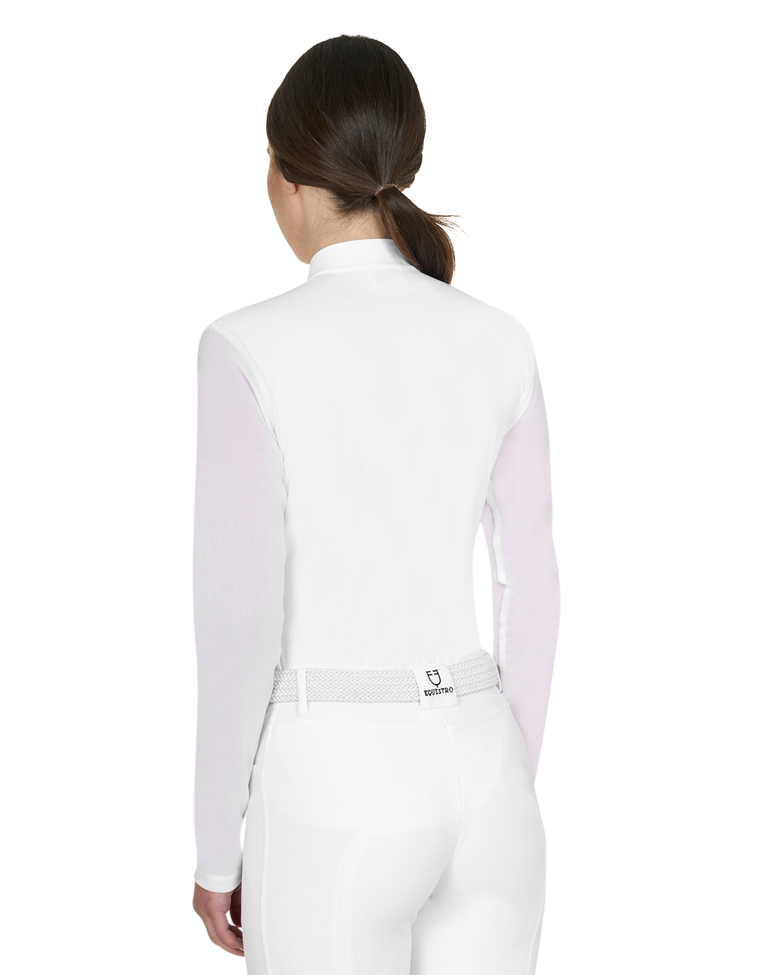 Person wearing a white equestrian shirt and pants on a white background