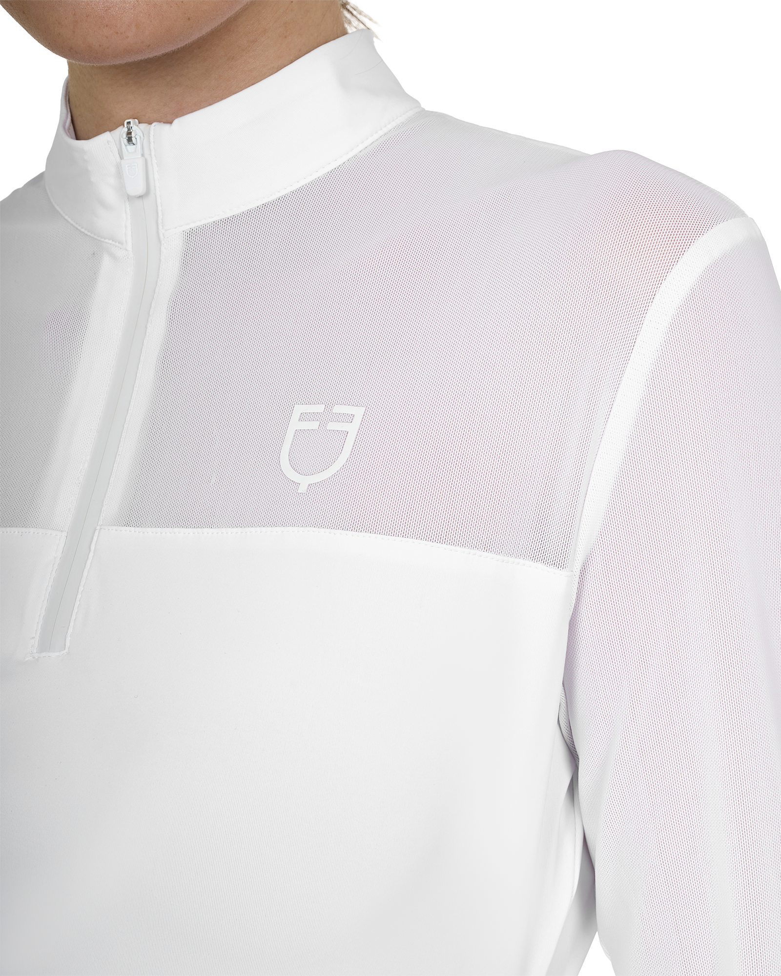 White sports shirt with a brand logo on a white background