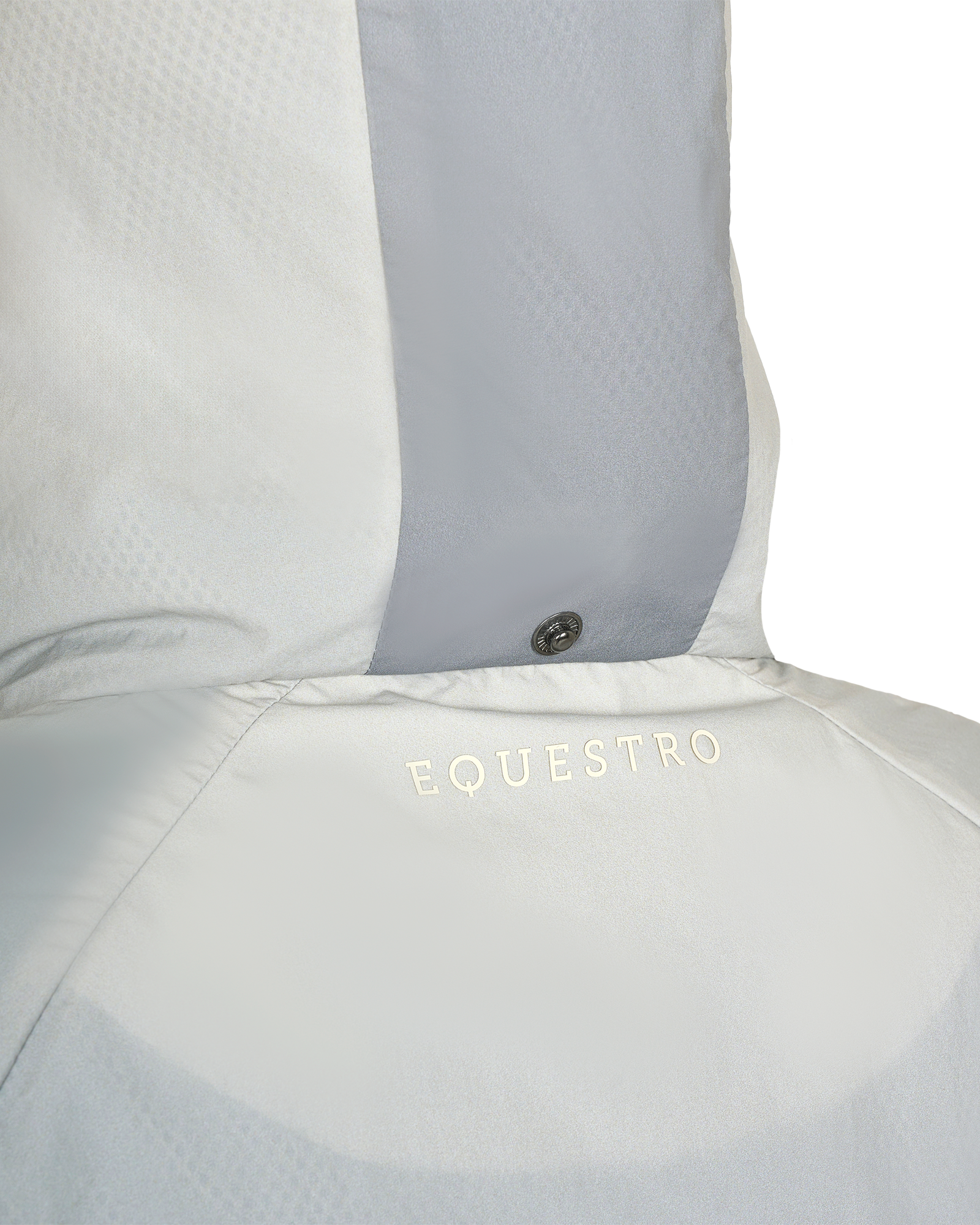 Close-up of a white equestrian jacket hood with 'Equestro' branding on a white background