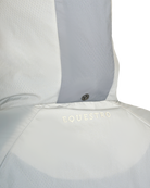 Close-up of a white equestrian jacket hood with 'Equestro' branding on a white background