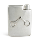 Silver flask with equestrian design on a white background
