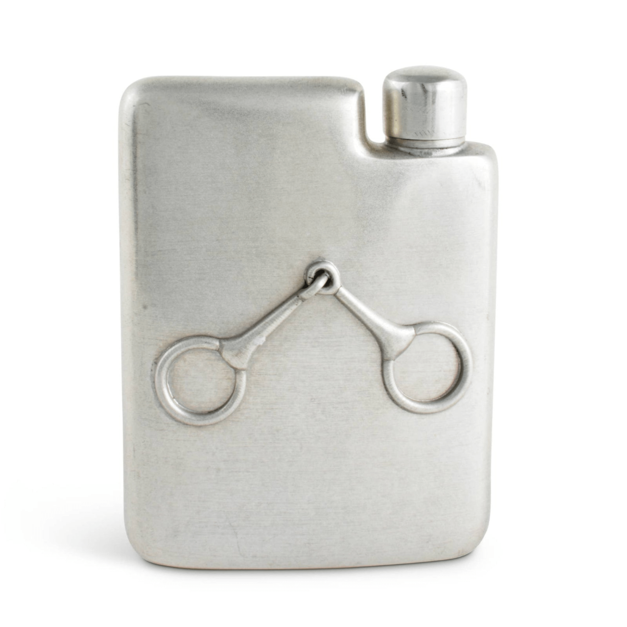 Silver flask with equestrian design on a white background