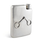 Silver flask with a horse bit design on a white background