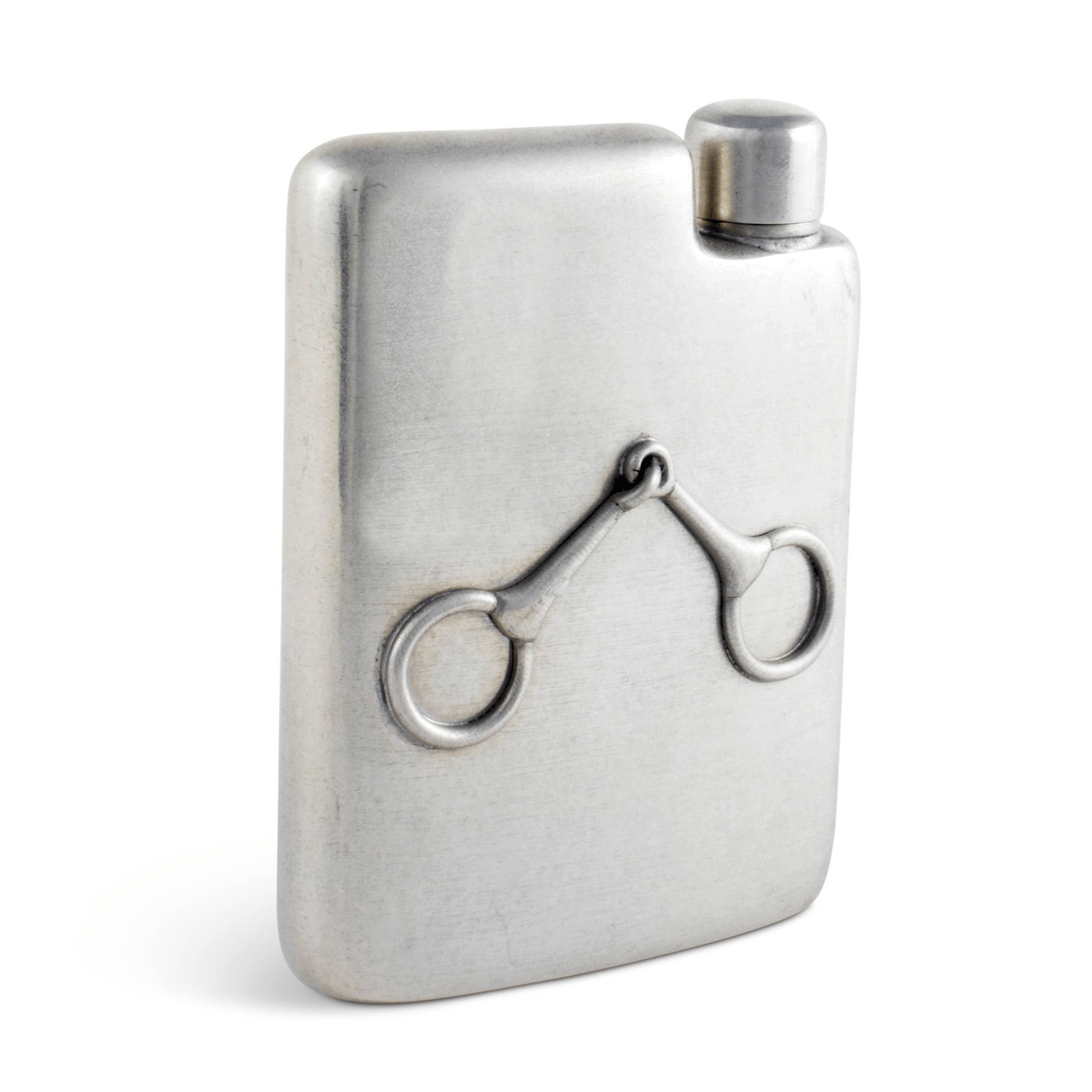 Silver flask with a horse bit design on a white background