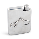Silver flask with horse bit design on a white background