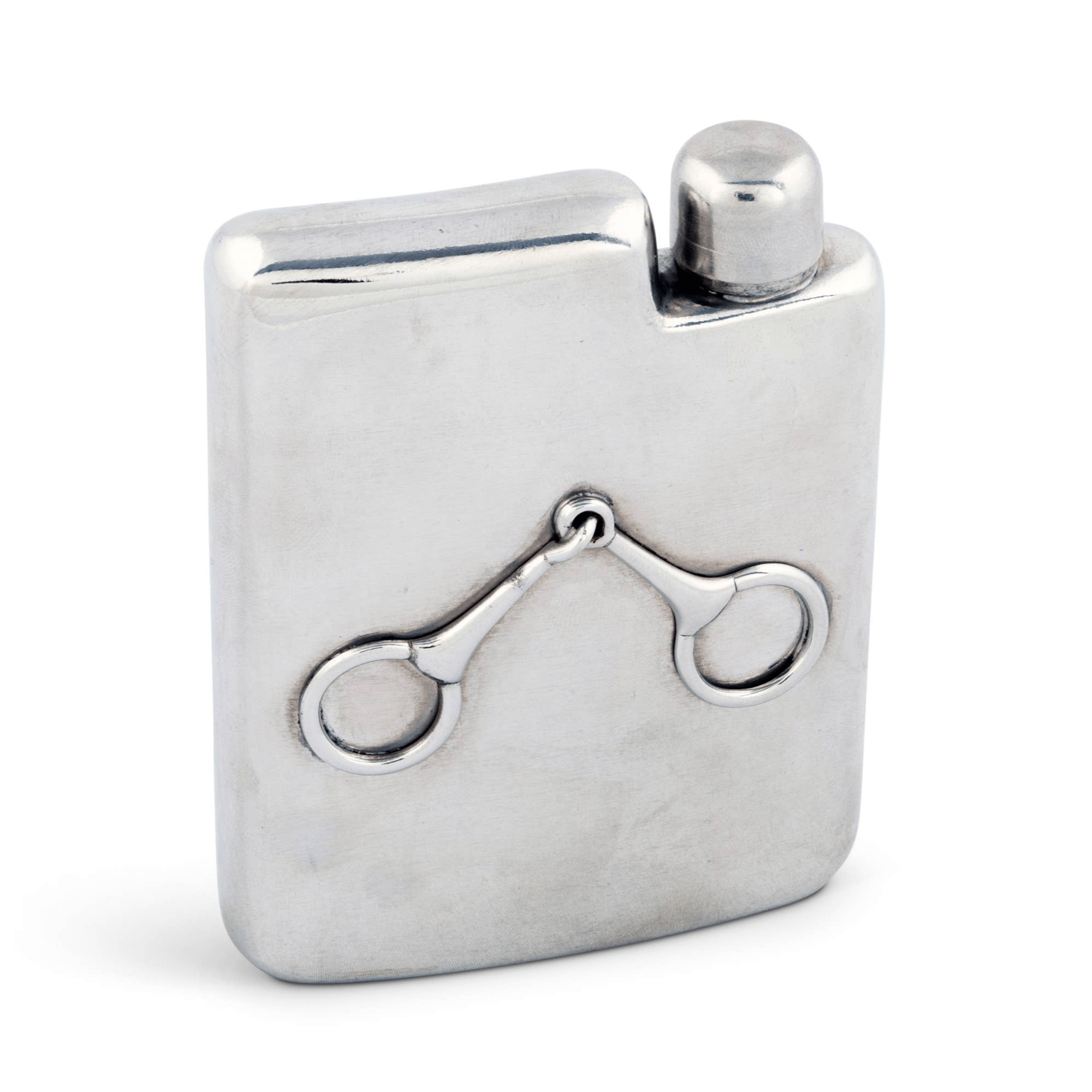 Silver flask with horse bit design on a white background