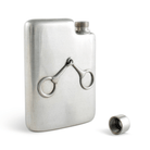 Silver flask with horse bit design on a white background