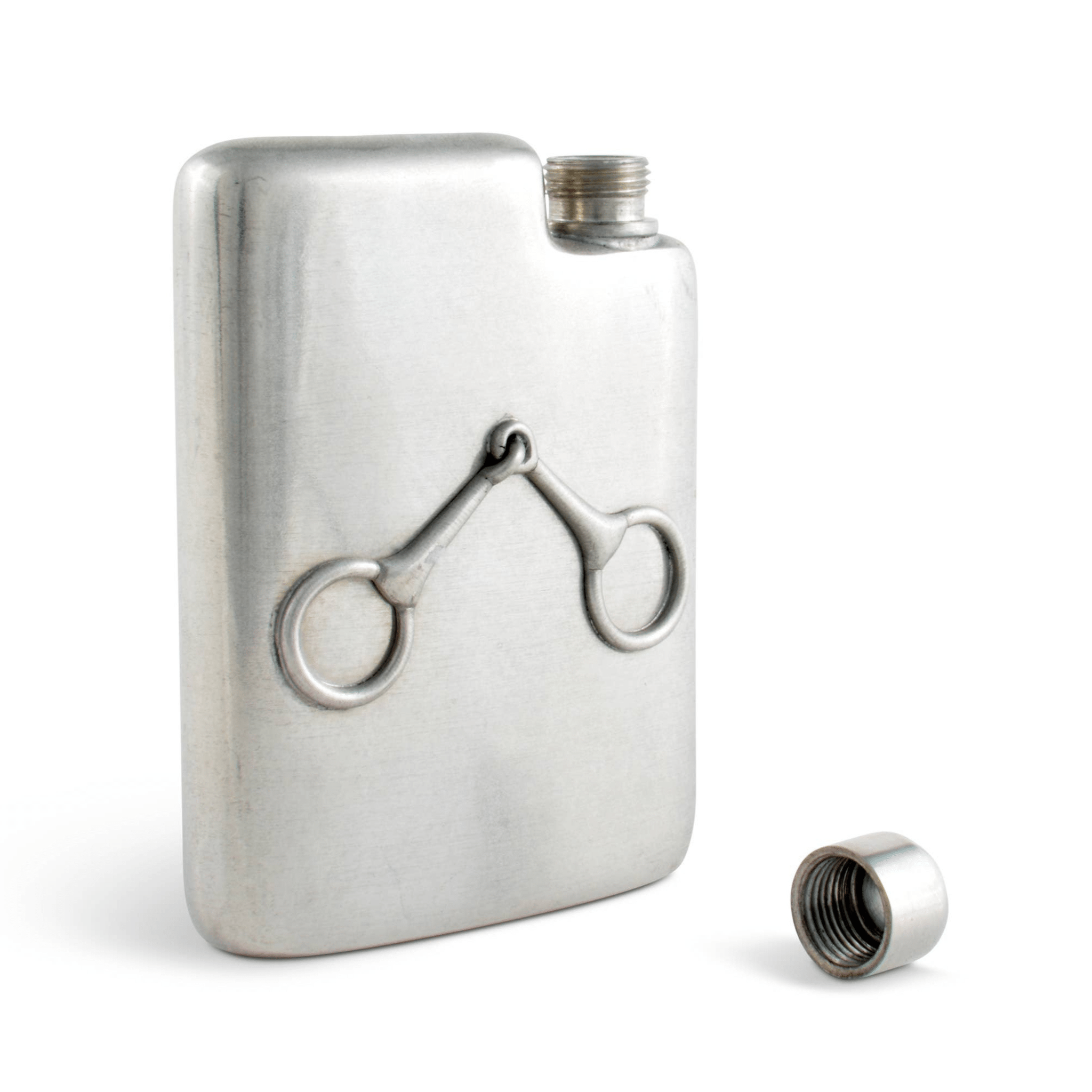 Silver flask with horse bit design on a white background