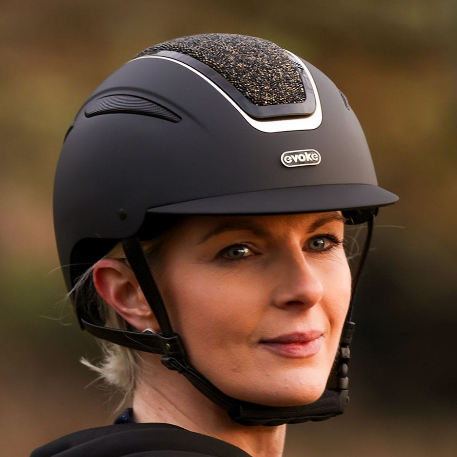 Person wearing a black helmet with a blurred natural background