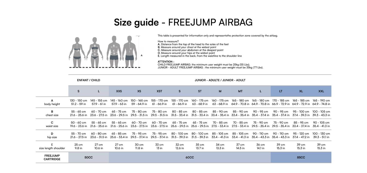Freejump Airbag Size Chart