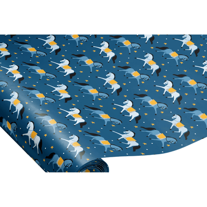 Dressage Pony Wrapping Paper. Blue background with white and blue horses, yellow stars, and white dots.