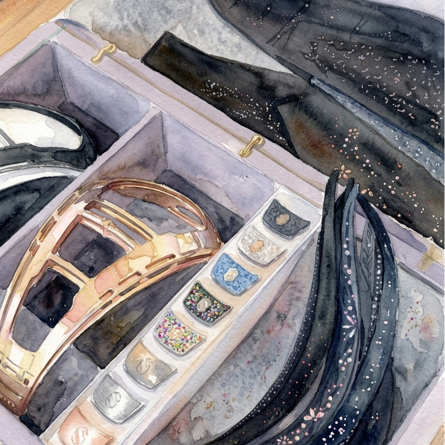 A watercolor painting of a jewelry organizer box containing various fashion accessories, including black embellished belts, a rose gold buckle, and a white organizer tray with multiple rings.