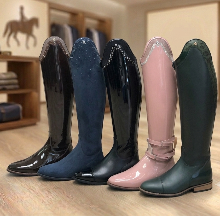 Five pairs of shiny riding boots in black, blue, pink, and green on a wooden floor.